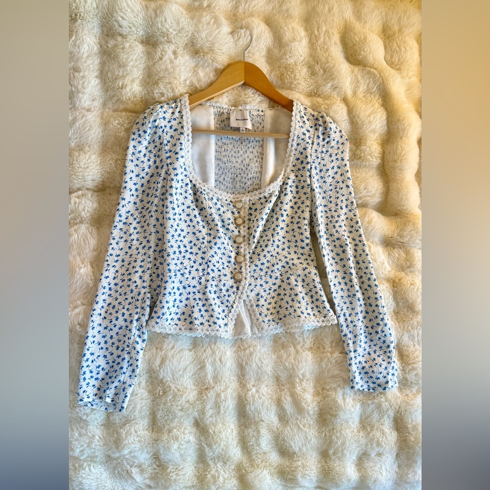 Reformation Cream Floral Button-Front Blouse with Blue Print - Picture 11 of 16